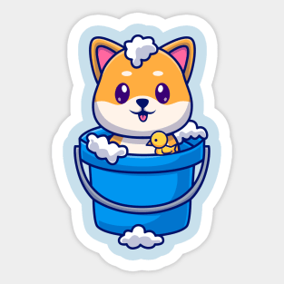 Cute Shiba Inu Bathing In Bucket With Bubble Cartoon Sticker